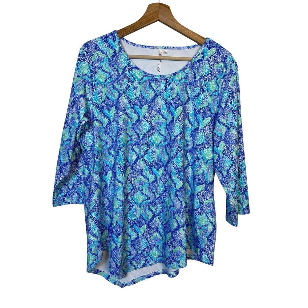 Lulu B Blue Snake Asymmetrical Scoop Neck Tunic Top Large UPF+50 Travel Resort - Picture 2 of 9